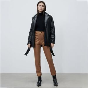 Zara High-Waisted Faux Leather Mom Fit Pants in Camel